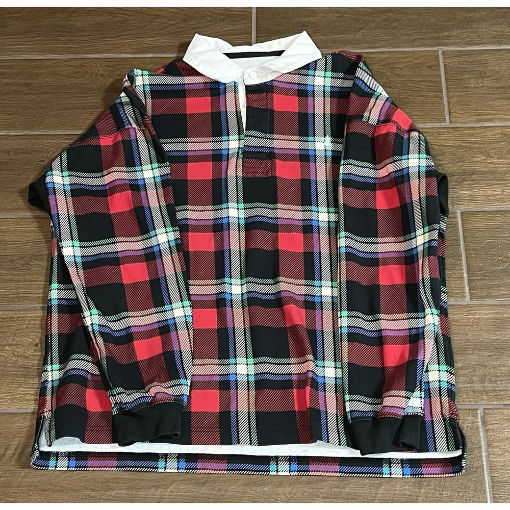 Chubbies Men's Rugby Legacy Shirt Black/Red Plaid Long Sleeve Collar Size Medium